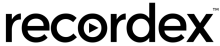 The name recordex is written in an all-lower case black text font with a play arrow in the center of the letter "o".