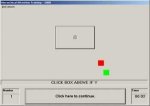 Screenshot of a grey screen with a grey square in the center with two smaller red and green squares below and a menu button below that reads "Click here to continue."