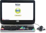 Silver-colored laptop displaying a white screen showing the words "MyGait" and a large circled "G"-"O". 