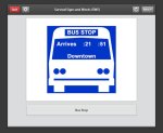 Screenshot of a software program with an illustration od a white bus against a blue background that reads "Bus Stop, Arrives: 21:51, Downtown." Beneath the illustration, a button reads "Bus Stop."