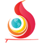 A red flame-like graphic with a small blue globe alongside. There is a red border below.