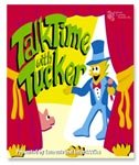 Vertical rectangular drawing of a stage with curtains parted and a cat dressed in a suit with a top hot coming out.