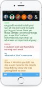 Ava smartphone interface with chat with 5 pics of different individuals, each with having a different color circle. Below this is the conversations written with each name and text in the corresponding color as the circled pic.