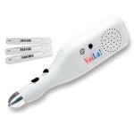 Plastic pen-like handheld tool with a metal tip and 2 small button at top.