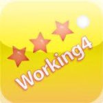 Bright yellow square with 3 orange stars diagonally across the middle and a white round dot at the end and Working4 written underneath it.