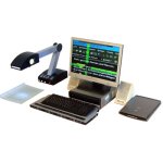 SmartReader camera attached to an arm and base, projecting text on a document below it onto a monitor with a keyboard in front of it.