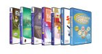 Seven colorful software boxes staggered standing next to each other.
