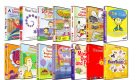 Two rows of seven colorful software boxes staggered standing next to each other.