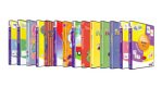 Fourteen colorful software boxes staggered standing next to each other.