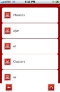 Screenshot of a red and white iOS app interface with different phrases listed, such as "ajar," "or," "Clusters," and "ar."