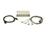 Picture of a black coiled USB cable on the left, a small, beige rectangular device in the center with six ports, and four coiled connector cables on the right.