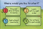 Screenshot of starting page featuring a colorful drawing and four options to start the game.