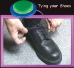 Square image depicting a computer monitor with an image of two hands tying a shoe and a switch button on top of the monitor.