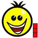 A large, round yellow smiling face inside a black circle with a small vertical bar of three squares on the lower left.