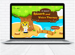 Laptop open to main software's main screen showing a colorful drawing of a boy with a lion's face waving and standing in front of a tree next to a creek with a footbridge.