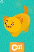 Teal screen with an illustration of an orange cat, with the word "Cat" underneath in orange and white font.