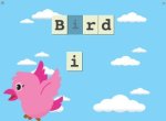 Screenshot of a drawing of a pink bird in the lower-left corner with block letters spelling bird across top against a background of the sky with clouds.