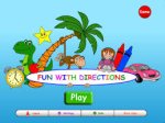 Colorful drawing of a long oblong white shape with a series of objects and characters all around it, including a clock, dinosaur, palm tree, car, and crayons.