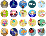 Large white square filled with a 4x5 grid of circular images representing game choices. Each image features a drawing of a different game and the game's name.