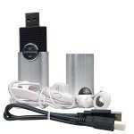 Small device in the shape of a flash drive with a lid, accompanying in-ear headphones, and usb cable.