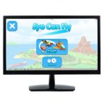A computer monitor with a display showing the program's start page with an image of an island behind it.