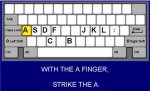 Screenshot of a keyboard with white keys and gray function keys and a thick blue bar across the bottom that has typing instructions.