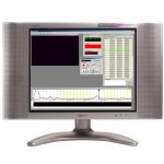 Picture of TV on a stand with the display showing the software, which has a listing on the right and a sound graph along the bottom.