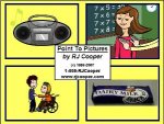 Square yellow image with a grid of four drawings, showing a boombox, a girl in front of chalkboard, a girl in a wheelchair reaching out to a boy, and a candy bar.
