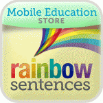 Rounded yellow square with the name of the company across the top, rainbow sentences are written across the bottom with each letter a different color, and a rainbow pattern coming out of the dot on the letter i.