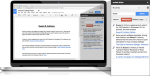 A laptop displaying a Google Drive article, and a smartphone display pictured alongside displaying the same document, demonstrating that Scrible content syncs across devices.
