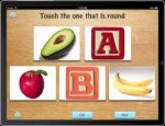 Screenshot of language development screen showing five images and a prompt to select the one that matches the question.
