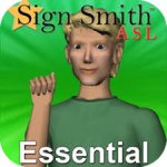 Round green square with drawing of boy with blond hair holding up his right arm and making an ASL sign.