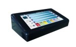 Angled view of rectangular black electronic device with a display showing control button choices and sound indicators. 