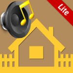 Square with a yellow outline of a house with a speaker in the upper left and a note coming out of it.