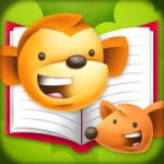 Large square cartoon drawing of two smiling animal faces with an open book in the background.