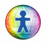 Drawing of a global shape with horizontal and vertical lines and the stick figure of a person in purple.