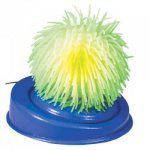 Yellow round ball of stretchy noodles on top of a round blue plastic base.
