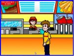 Drawing of teenage boy standing at the counter of a fast food restaurant.