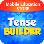 Round square with Tense Builder written across the middle in white and yellow letters against a blue background with drawings of grears and Mobile Education Store written across the top in a red border.