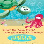 Cartoon drawing of a sea turtle with an angry expression staring at a violet-colored octopus at the bottom of the water.