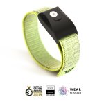 Wristwatch-sized device with a light green band connected to a black rectangular device with a small black button and a small round silver button.