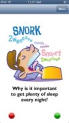 Cartoon image of a child sleeping and snoring, with a question underneath the image. A small red button is on the bottom left and a small green button is on the bottom right.