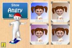 Screenshot of a drawing of four little girl faces with different expressions on the right and a figure on skateboard on the right with a description of the expression.