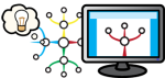 Colorful drawing of computer display with a flowchart diagram with a large diagram outside the display on the left and an idea bubble with a light bulb in it on the far left.