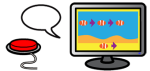 Colorful drawing of a computer monitor on the right with a display showing a pattern and a red switch on the right with a blank conversation bubble above it.