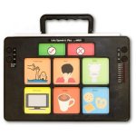 A black rectangular device with six message icons with text above such as "television" and "coffee," and a handle on the top.