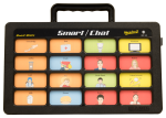 A black rectangular device with 16 message icons with text above such as "brush teeth" and "brother," and a handle on the top.