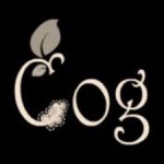 Black square with the word Cog written in scrip and a leaf coming out of the top of the letter C.