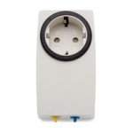 A white, rectangular device with a round white socket at the top.