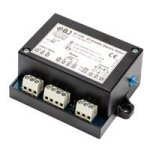 A black, rectangular device with 3 white rectangular objects mounted on the side.